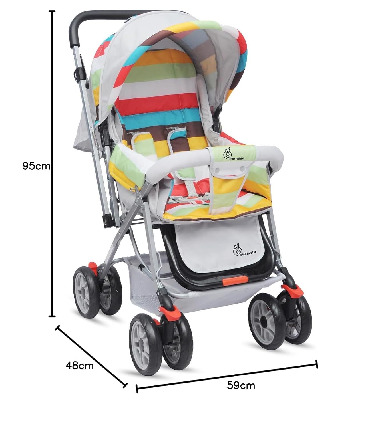 Collapsible blue baby stroller with bright yellow, orange, and blue striped fabric, standing on a light grey platform. www.usmile.toys
